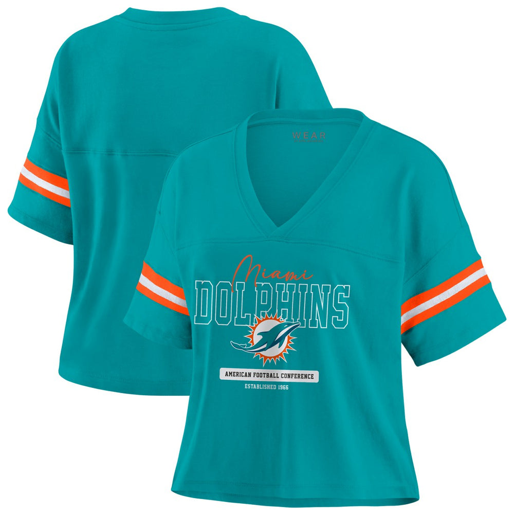 Miami Dolphins WEAR by Erin Andrews Women's Color Block Boxy Modest Crop V-Neck T-Shirt - Aqua discount
