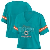Miami Dolphins WEAR by Erin Andrews Women's Color Block Boxy Modest Crop V-Neck T-Shirt - Aqua discount