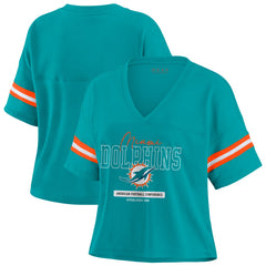 Miami Dolphins WEAR by Erin Andrews Women's Color Block Boxy Modest Crop V-Neck T-Shirt - Aqua discount