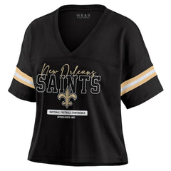 New Orleans Saints WEAR by Erin Andrews Women's Color Block Boxy Modest Crop V-Neck T-Shirt - Black for sale