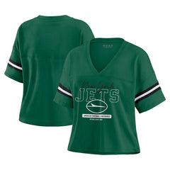 New York Jets WEAR by Erin Andrews Women's Color Block Boxy Modest Crop V-Neck T-Shirt - Green cheap