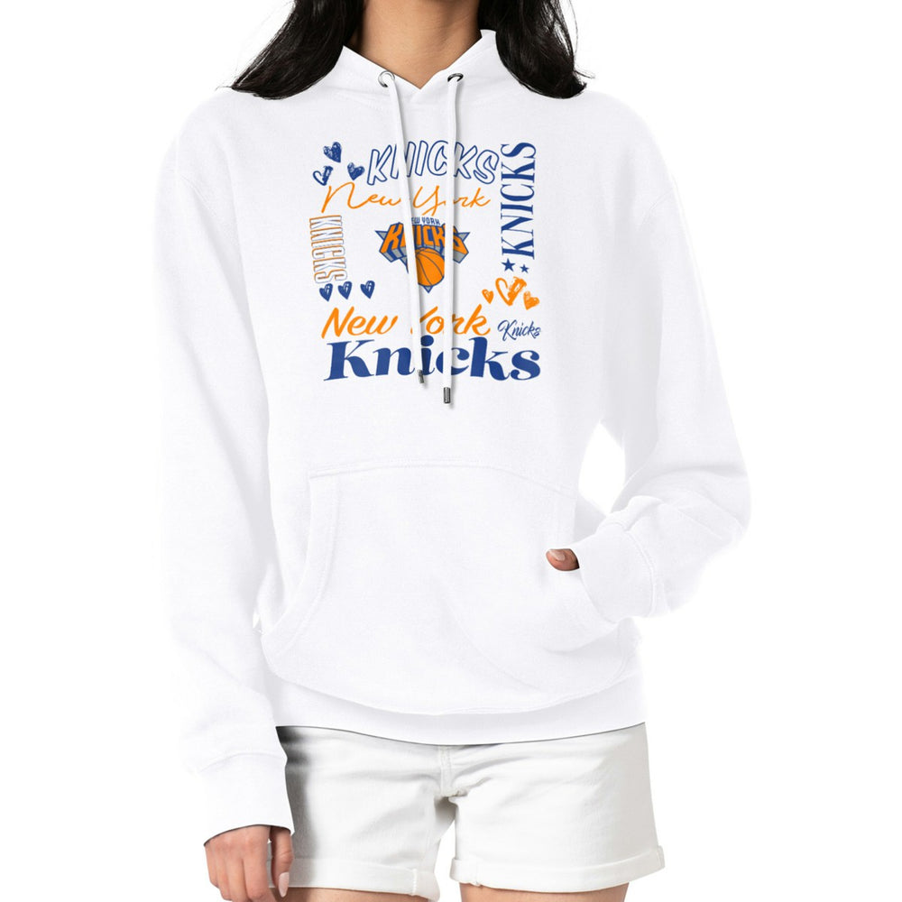New York Knicks G-III 4Her by Carl Banks Women's Team Collage Graphic Fleece Pullover Hoodie - White for sale