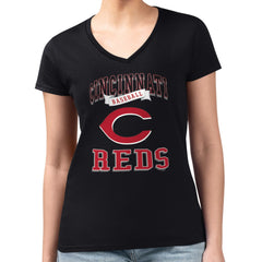 Cincinnati Reds G-III 4Her by Carl Banks Women's Super-Slim Fit Lightweight Team Logo Graphic V-Neck T-Shirt - Black