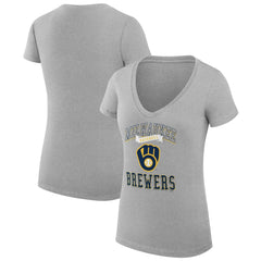 Milwaukee Brewers G-III 4Her by Carl Banks Women's Super-Slim Fit Lightweight Team Logo Graphic V-Neck T-Shirt - Heather Gray