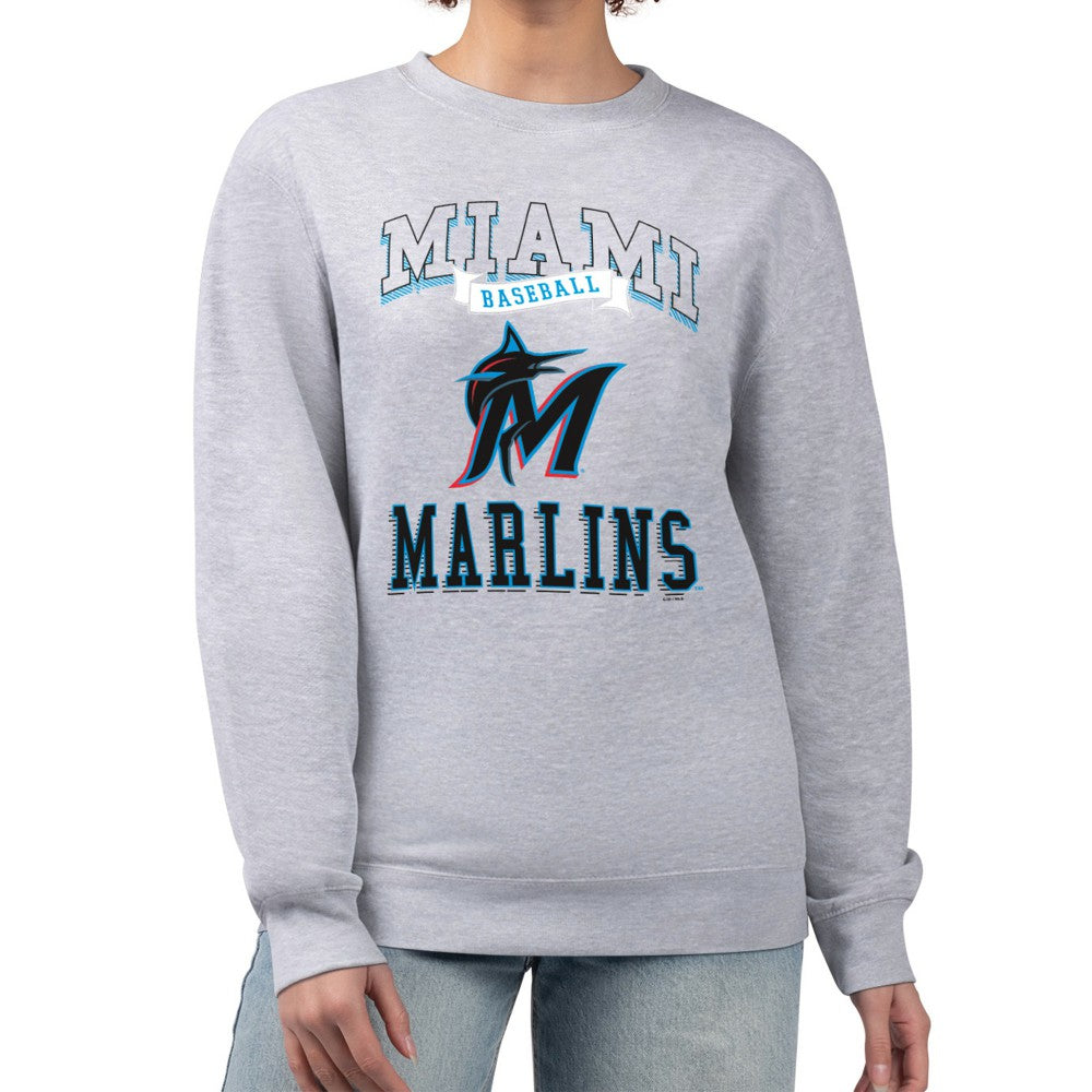 Miami Marlins G-III 4Her by Carl Banks Women's Team Logo Graphic Tri-Blend Fleece Pullover Sweatshirt - Heather Gray