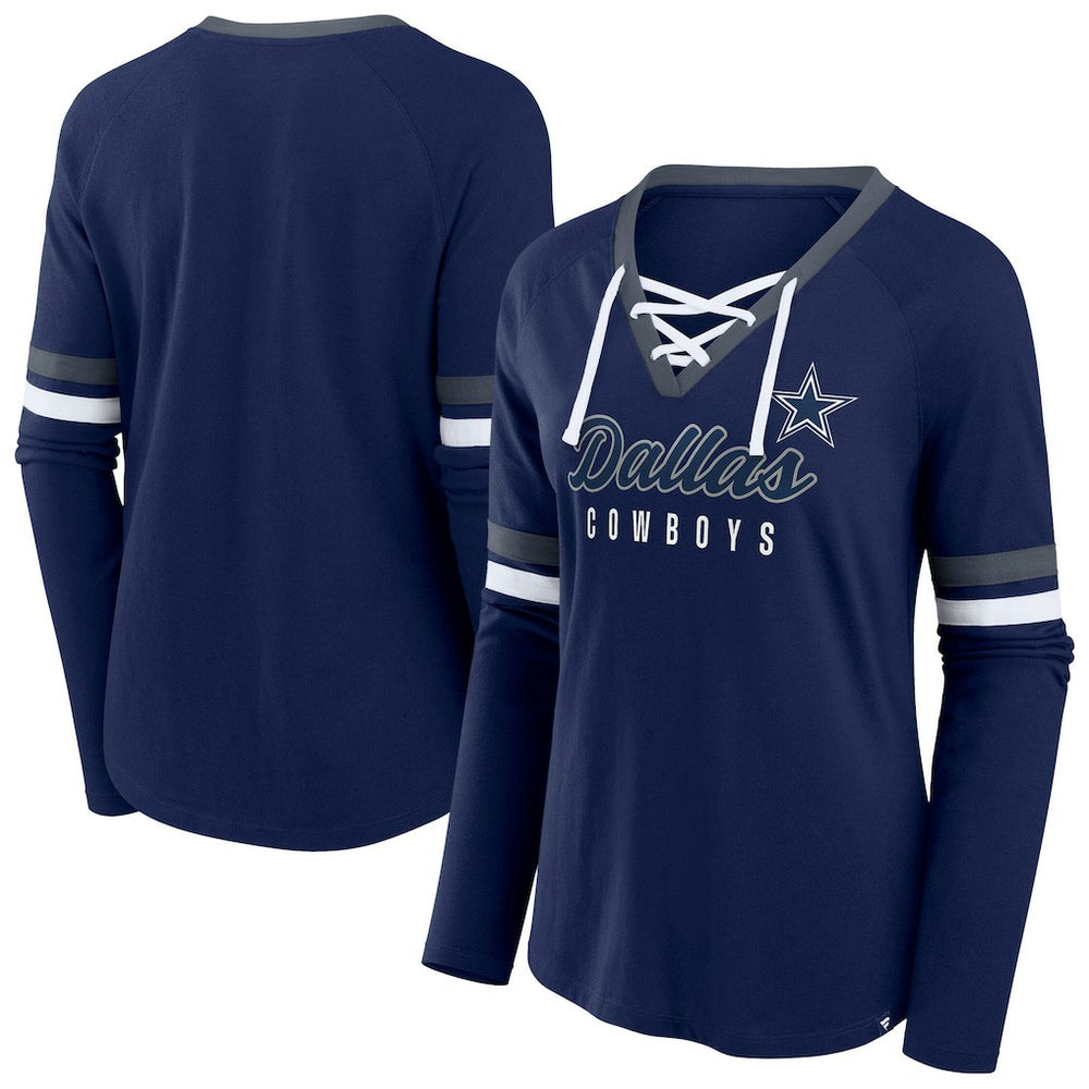 Dallas Cowboys Women's Plus Size Won & Done Lace-Up V-Neck Long Sleeve T-Shirt - Navy cheap