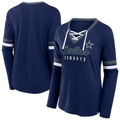 Dallas Cowboys Women's Plus Size Won & Done Lace-Up V-Neck Long Sleeve T-Shirt - Navy cheap