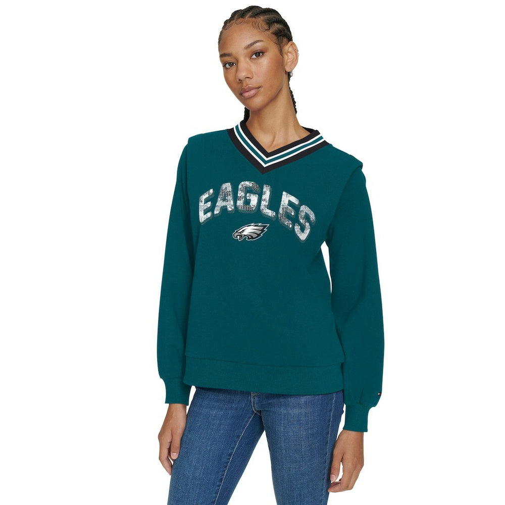 Philadelphia Eagles Tommy Hilfiger Women's Alice V-Neck Pullover Sweatshirt - Midnight Green sale