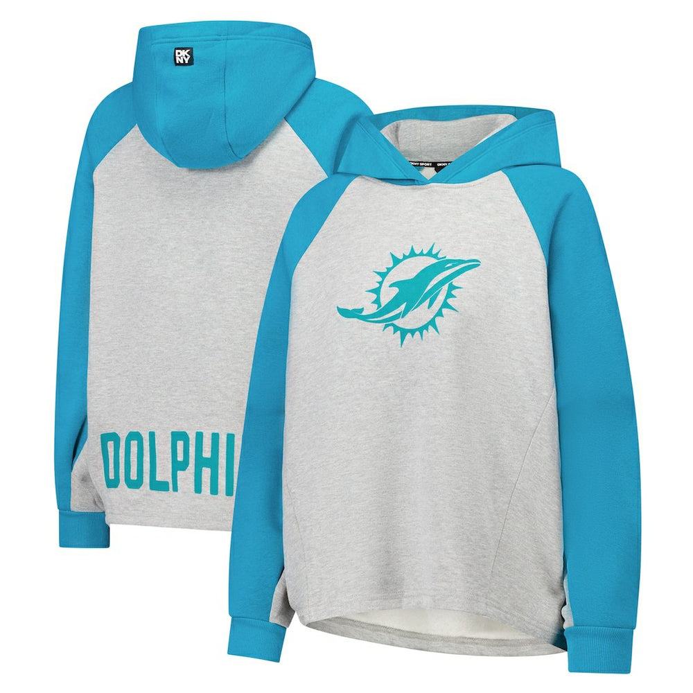 Miami Dolphins DKNY Sport Women's Joy Cropped Raglan Pullover Hoodie - Gray/Aqua for sale