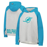 Miami Dolphins DKNY Sport Women's Joy Cropped Raglan Pullover Hoodie - Gray/Aqua for sale