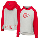 Kansas City Chiefs DKNY Sport Women's Joy Cropped Raglan Pullover Hoodie - Gray/Red for sale