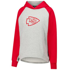 Kansas City Chiefs DKNY Sport Women's Joy Cropped Raglan Pullover Hoodie - Gray/Red for sale