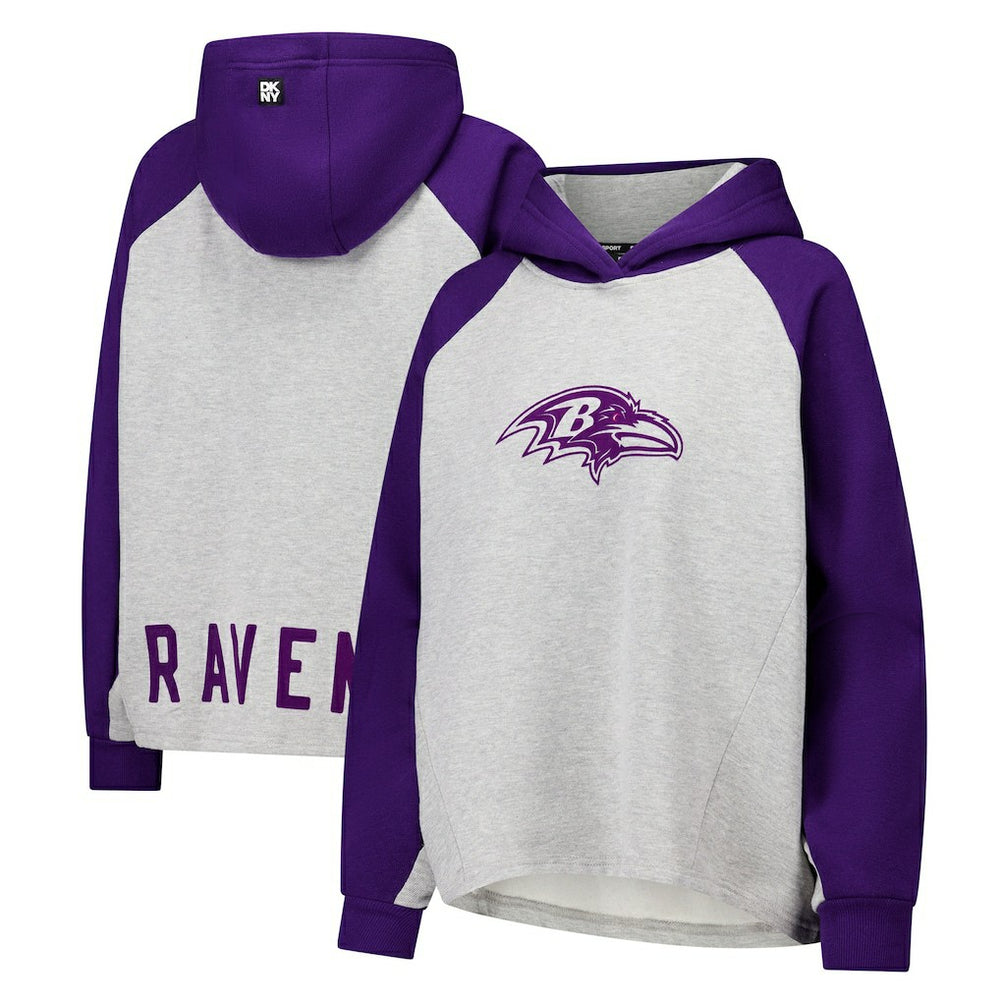 Baltimore Ravens DKNY Sport Women's Joy Cropped Raglan Pullover Hoodie - Gray/Purple sale