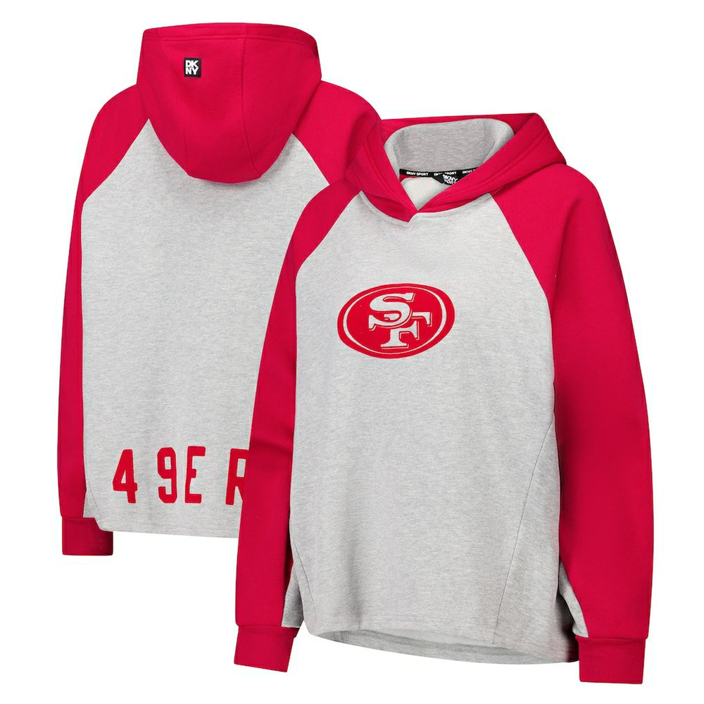 San Francisco 49ers DKNY Sport Women's Joy Cropped Raglan Pullover Hoodie - Gray/Scarlet cheap