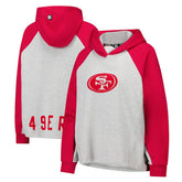 San Francisco 49ers DKNY Sport Women's Joy Cropped Raglan Pullover Hoodie - Gray/Scarlet cheap