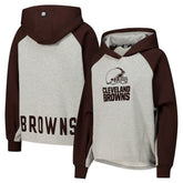 Cleveland Browns DKNY Sport Women's Joy Cropped Raglan Pullover Hoodie - Gray/Brown on sale