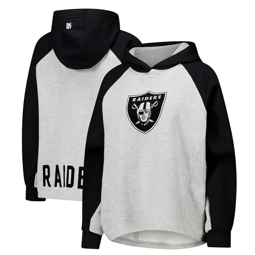 Las Vegas Raiders DKNY Sport Women's Joy Cropped Raglan Pullover Hoodie - Gray/Black cheap