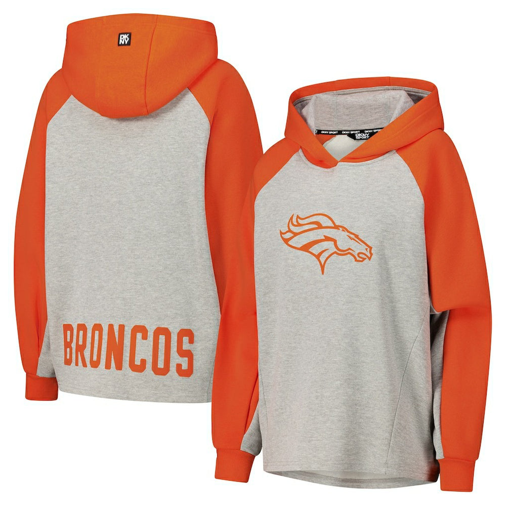 Denver Broncos DKNY Sport Women's Joy Cropped Raglan Pullover Hoodie - Gray/Orange cheap