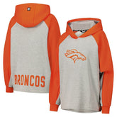 Denver Broncos DKNY Sport Women's Joy Cropped Raglan Pullover Hoodie - Gray/Orange cheap