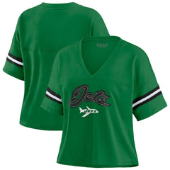 New York Jets WEAR by Erin Andrews Women's Color Block Boxy V-Neck T-Shirt - Kelly Green for sale