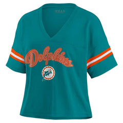 Miami Dolphins WEAR by Erin Andrews Women's Plus Size Color Block Boxy V-Neck T-Shirt - Aqua cheap