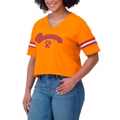 Tampa Bay Buccaneers WEAR by Erin Andrews Women's Plus Size Color Block Boxy V-Neck T-Shirt - Pewter on sale