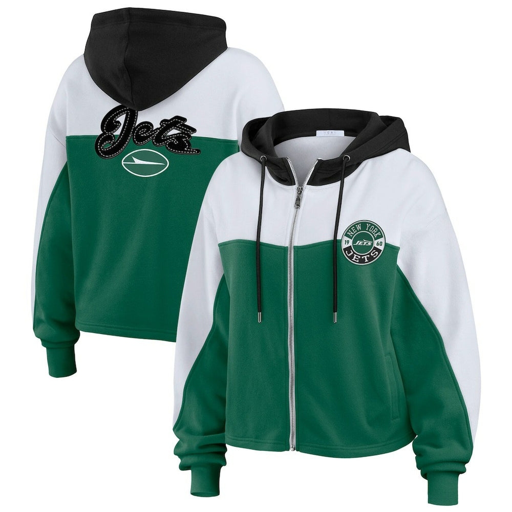 New York Jets WEAR by Erin Andrews Women's Color Block Full-Zip Hoodie - Green/White cheap