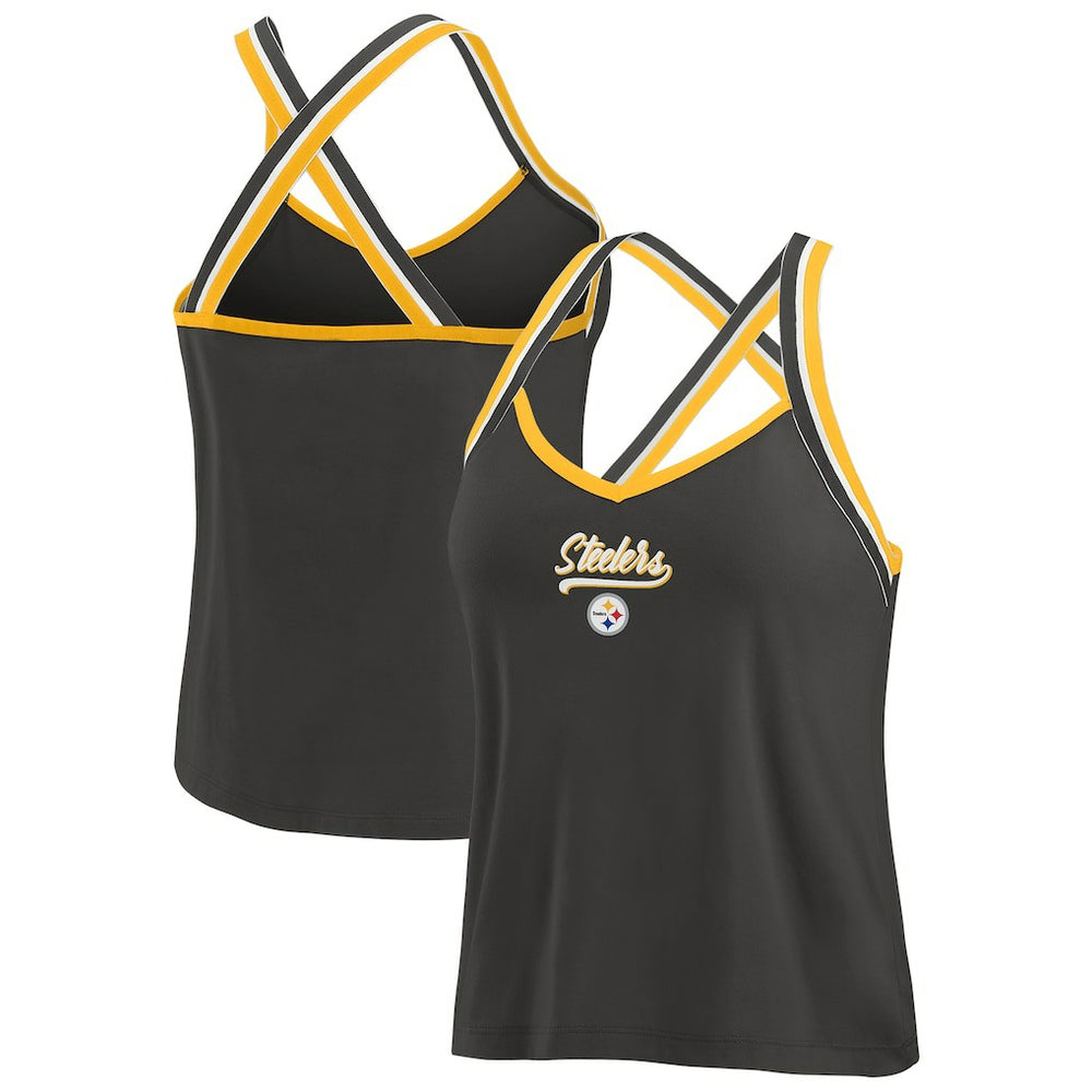 Pittsburgh Steelers WEAR by Erin Andrews Women's Cross Strap Tri-Blend Tank Top - Black outlet