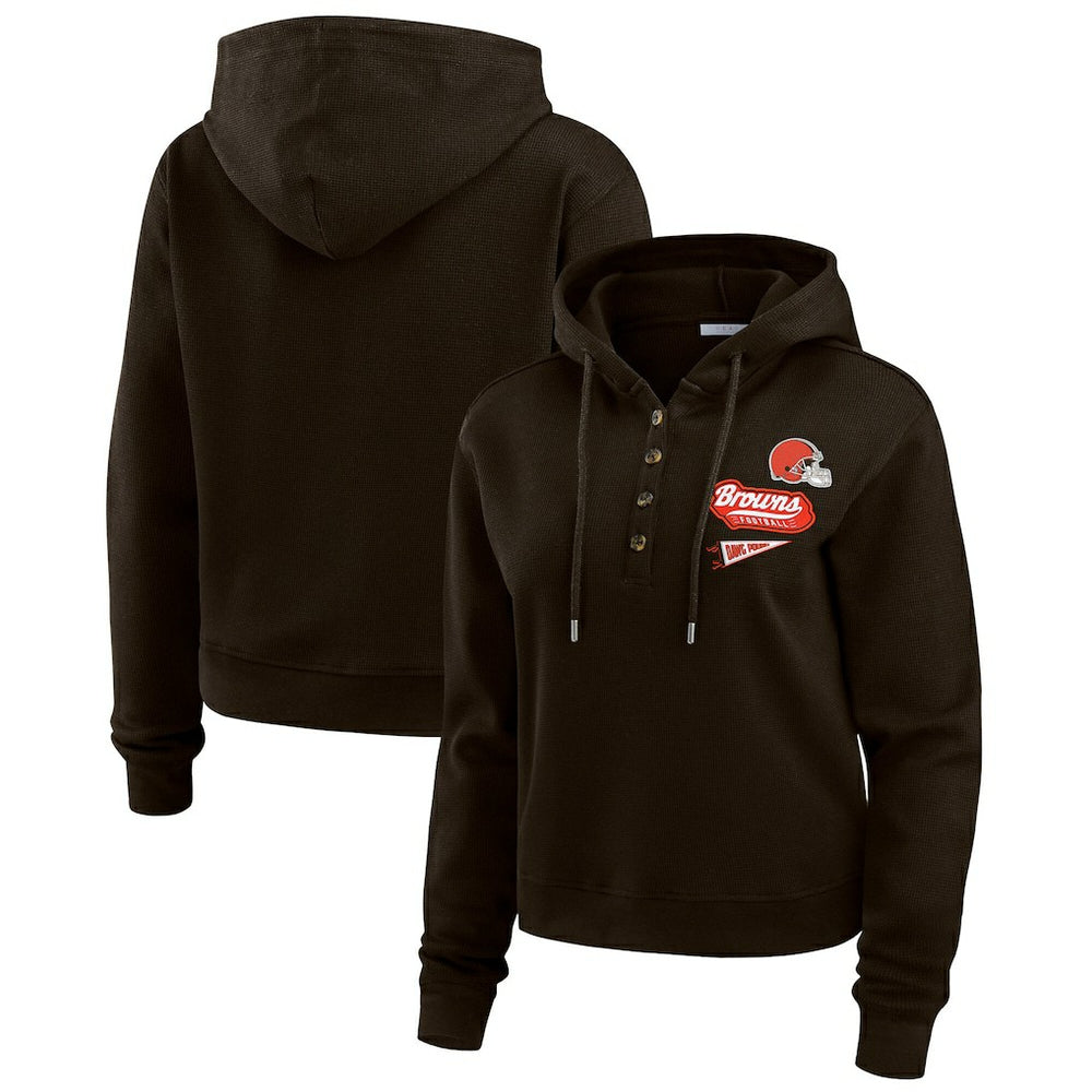 Cleveland Browns WEAR by Erin Andrews Women's Waffle-Knit Pullover Hoodie - Brown cheap