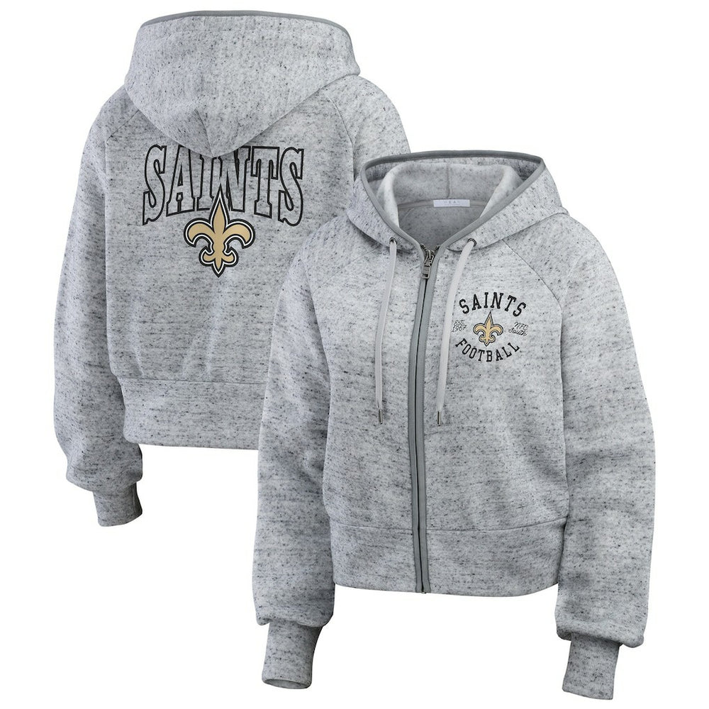 New Orleans Saints WEAR by Erin Andrews Women's Speckled Fleece Cropped Full-Zip Hoodie - Heather Gray on sale