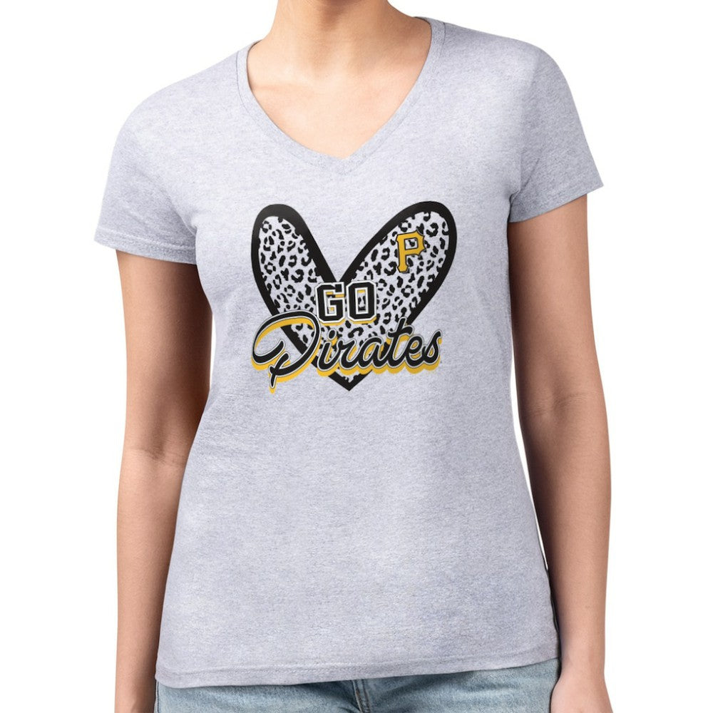 Pittsburgh Pirates G-III 4Her by Carl Banks Women's Super-Slim Fit Lightweight Leopard Heart V-Neck T-Shirt - Heather Gray
