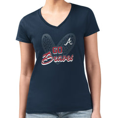 Atlanta Braves G-III 4Her by Carl Banks Women's Super-Slim Fit Lightweight Leopard Heart V-Neck T-Shirt - Navy