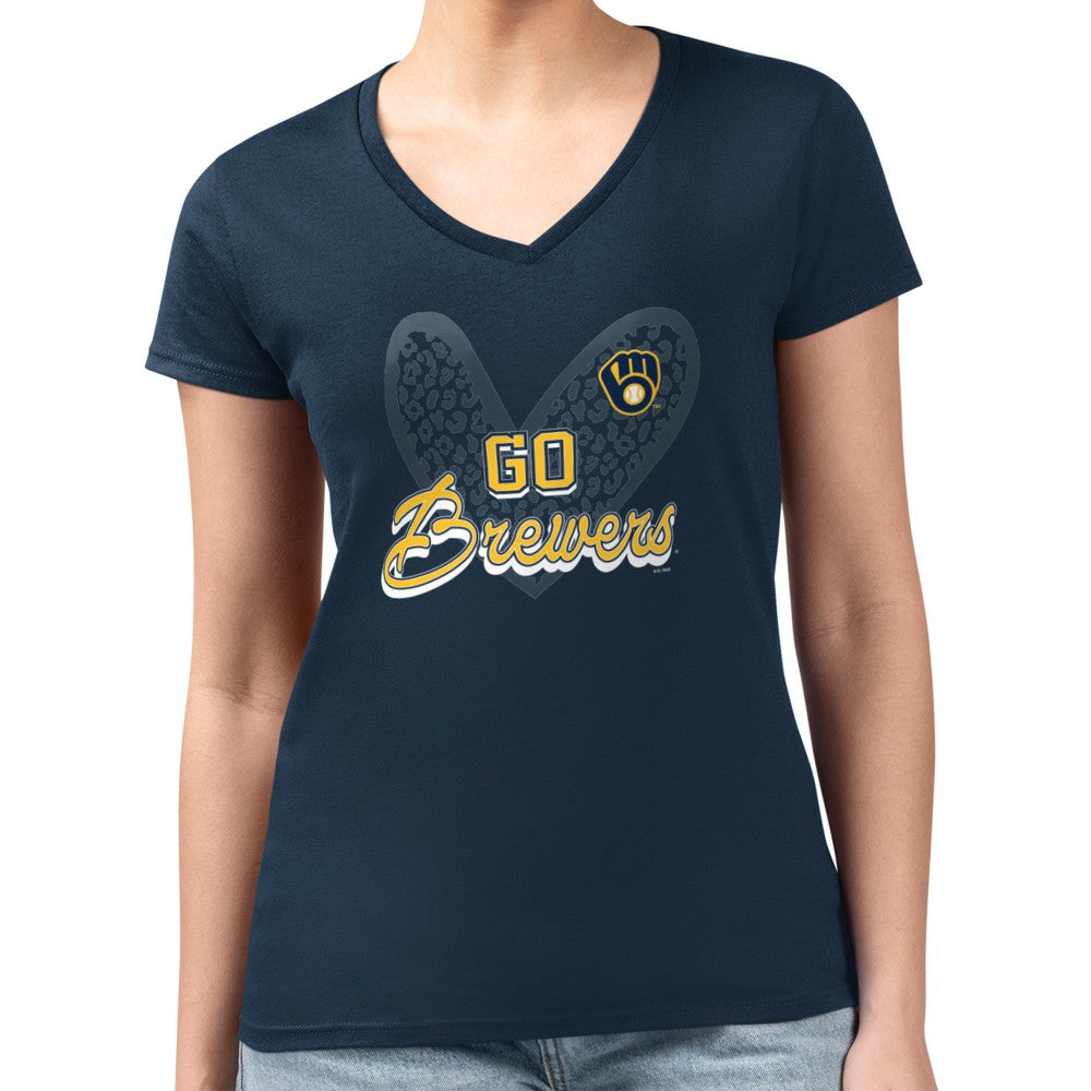 Milwaukee Brewers G-III 4Her by Carl Banks Women's Super-Slim Fit Lightweight Leopard Heart V-Neck T-Shirt - Navy