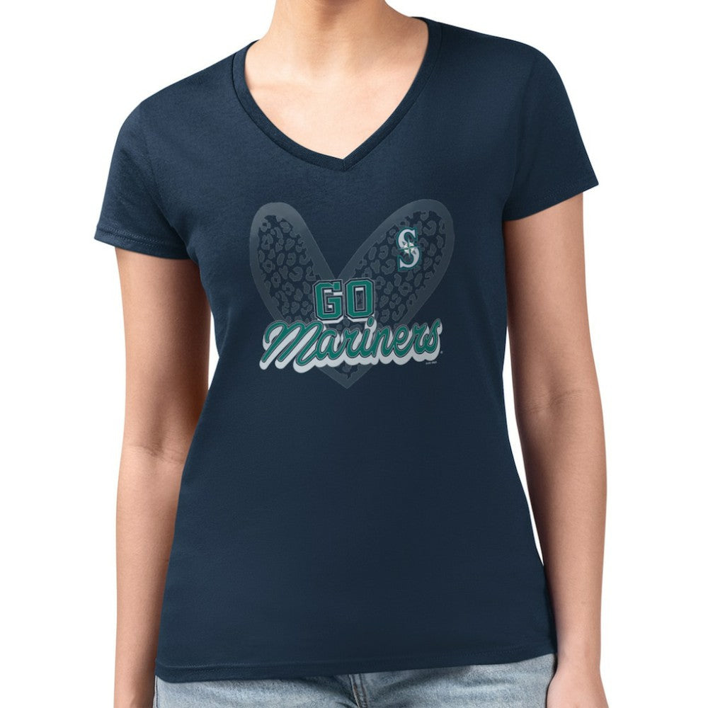 Seattle Mariners G-III 4Her by Carl Banks Women's Super-Slim Fit Lightweight Leopard Heart V-Neck T-Shirt - Navy
