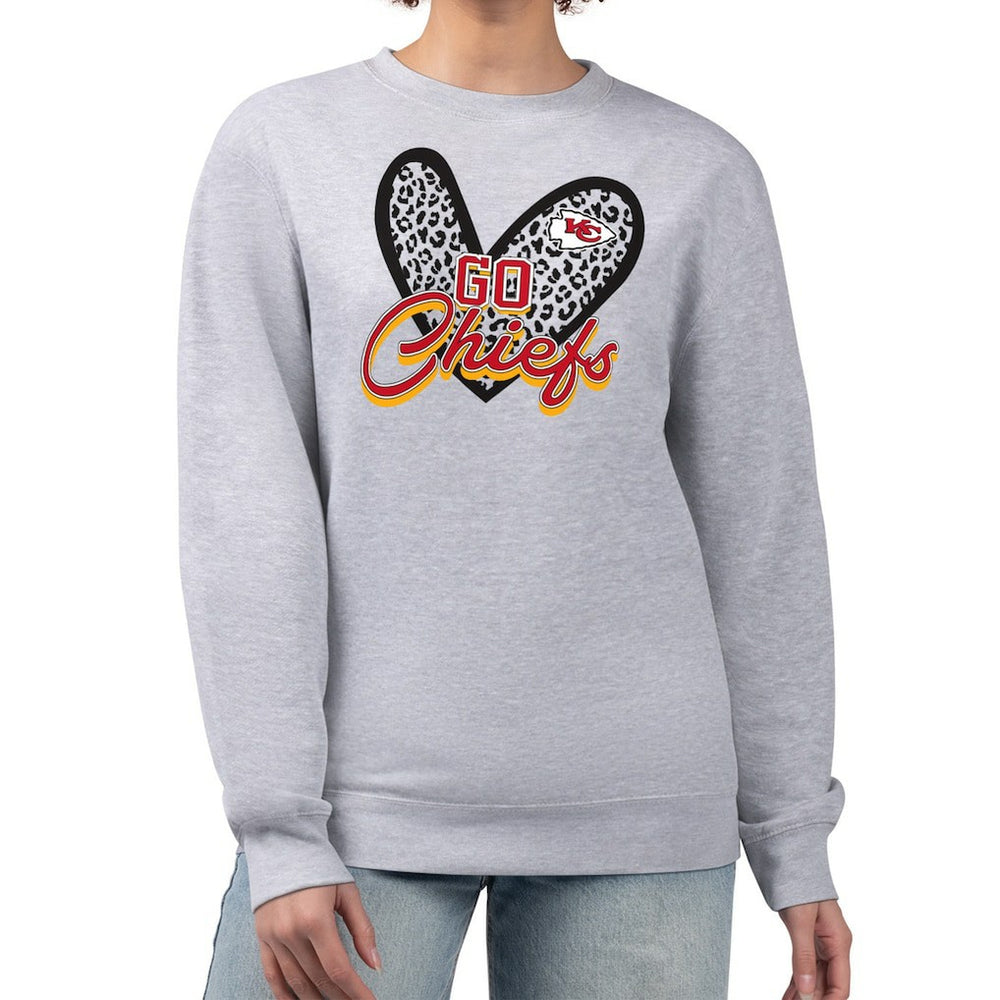 Kansas City Chiefs G-III 4Her by Carl Banks Women's Leopard Heart Pullover Sweatshirt - Heather Gray for sale