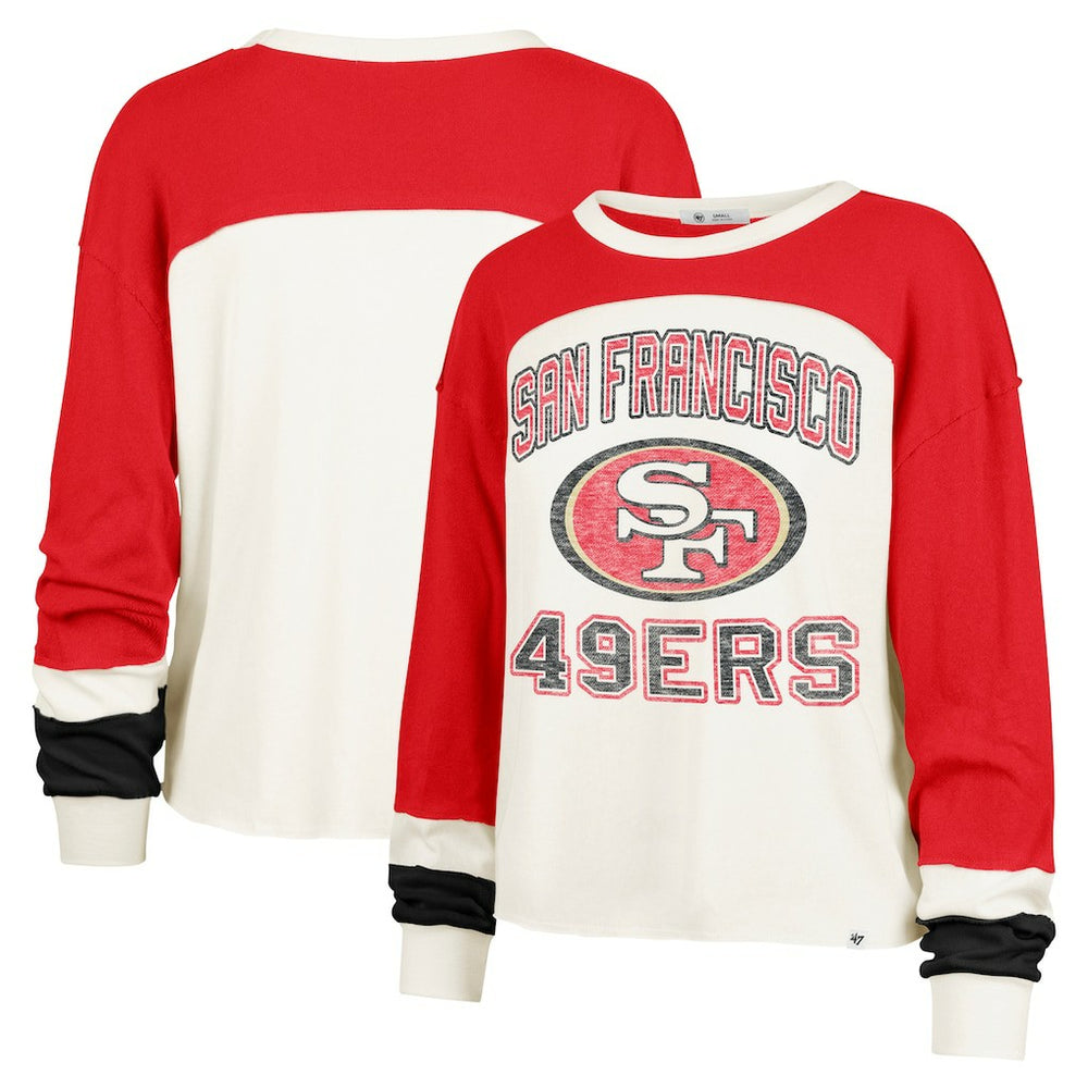 San Francisco 49ers '47 Women's Double Header Curve Raglan Long Sleeve Crop Top - Cream on sale