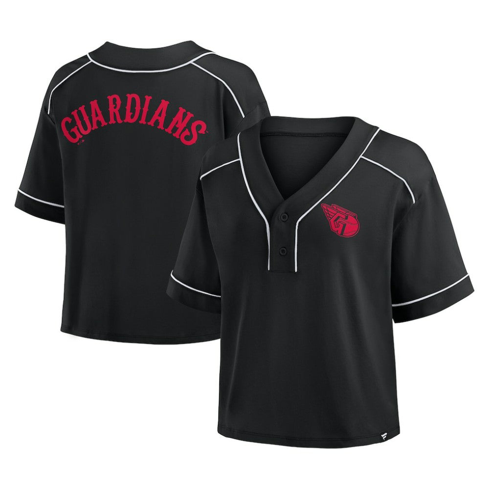 Cleveland Guardians Women's Oversized Champ Game Cropped V-Neck T-Shirt - Black