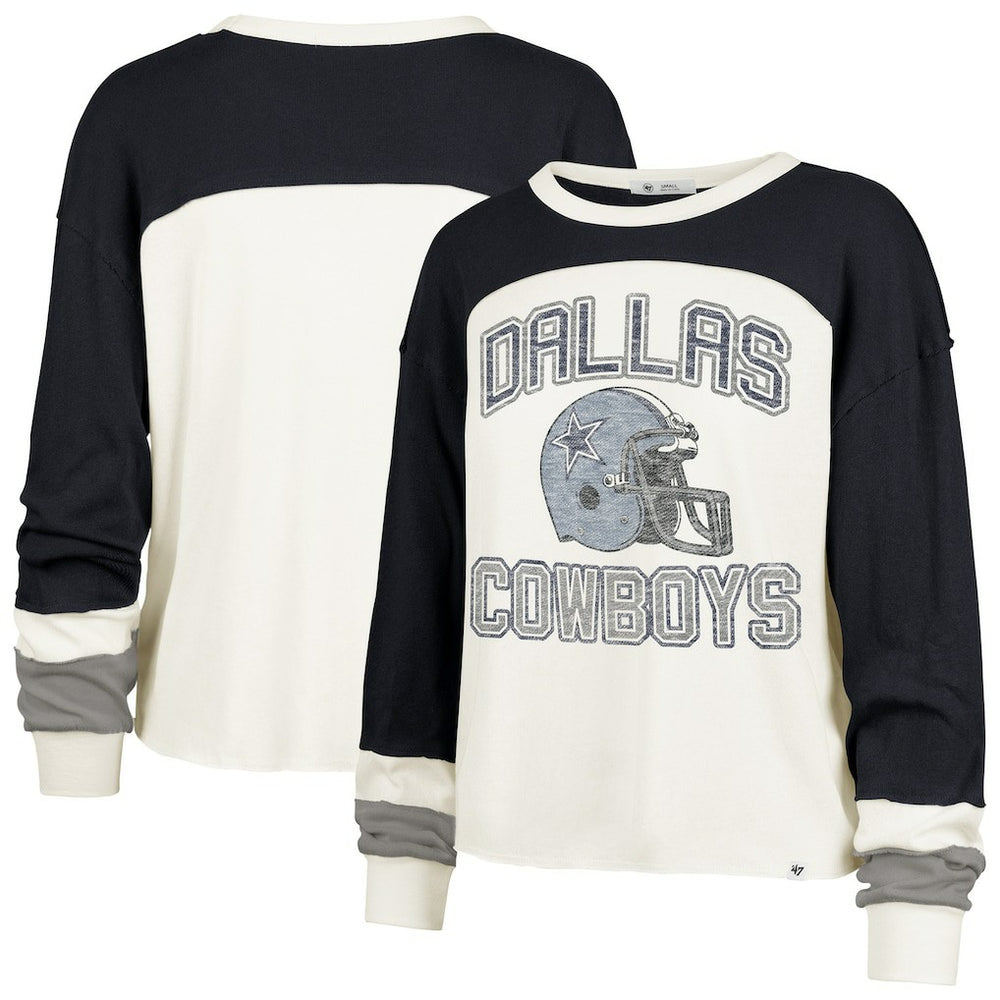 Dallas Cowboys '47 Women's Plus Size Double Header Curve Toni Long Sleeve T-Shirt - Cream/Navy for sale