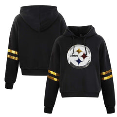 Pittsburgh Steelers Cuce Women's Cropped Sequins Pullover Hoodie - Black sale