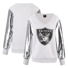 Las Vegas Raiders Cuce Women's Sequin Sleeve V-Neck Pullover Sweatshirt- White sale
