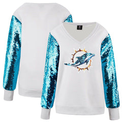 Miami Dolphins Cuce Women's Sequin Sleeve V-Neck Pullover Sweatshirt- White outlet
