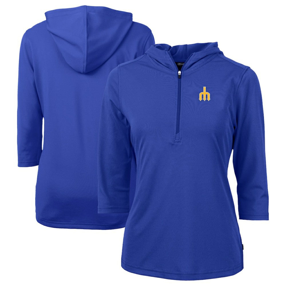 Seattle Mariners Cutter & Buck Women's DryTec Virtue Eco Pique Recycled 3/4-Sleeve Half-Zip Pullover Hoodie - Blue