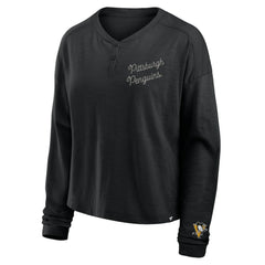 Pittsburgh Penguins Fanatics Women's Oversized All Out Effort Long Sleeve Henley T-Shirt Black