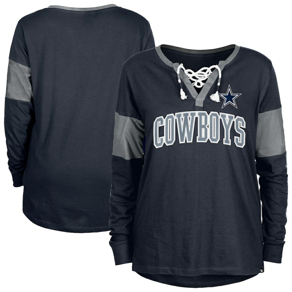 Dallas Cowboys New Era Women's Lace-Up Notch-Neck Long Sleeve T-Shirt - Navy cheap