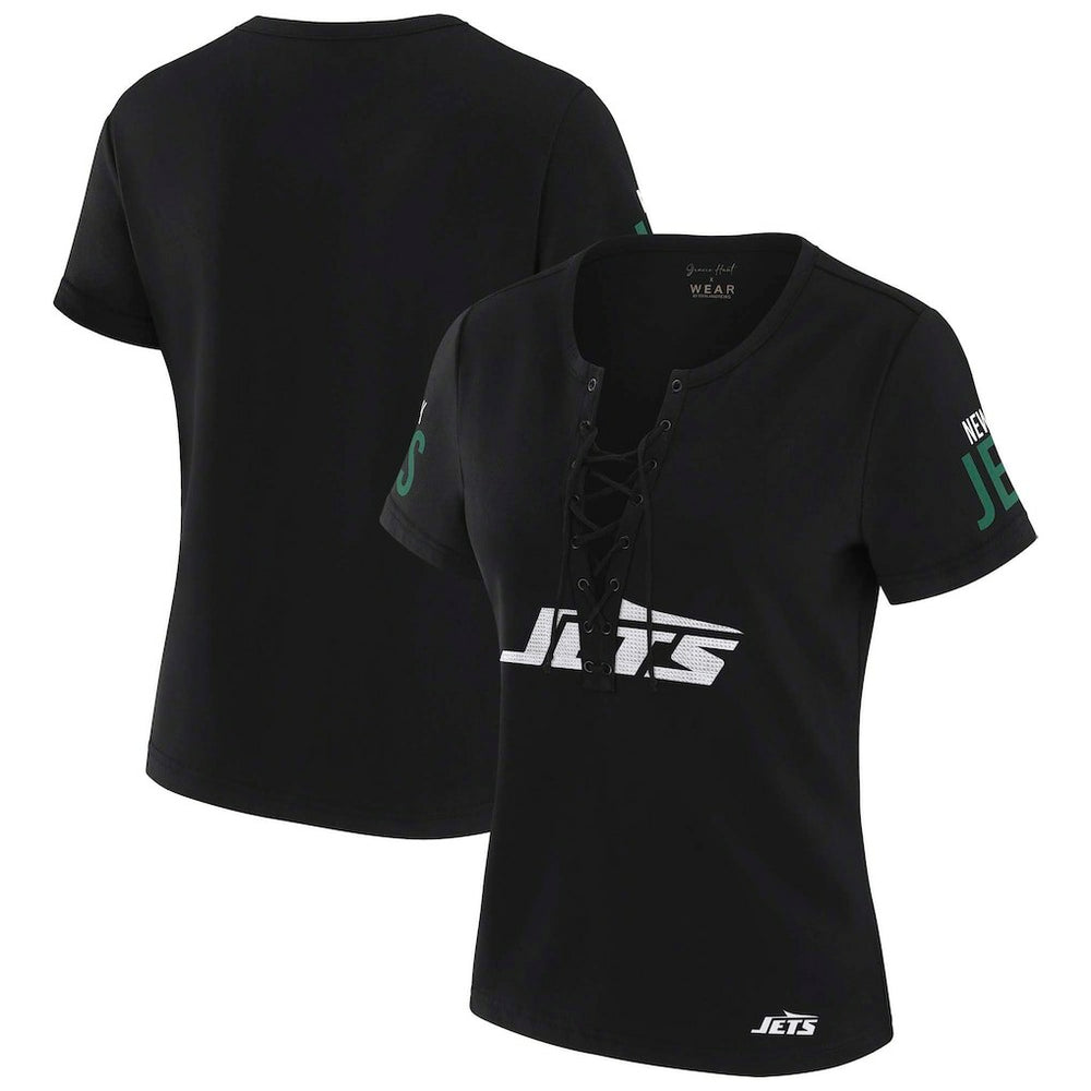 New York Jets WEAR by Erin Andrews x Gracie Hunt Women's Draft Me Lace-Up T-Shirt - Black online