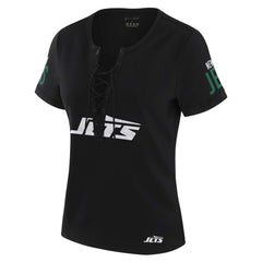 New York Jets WEAR by Erin Andrews x Gracie Hunt Women's Draft Me Lace-Up T-Shirt - Black online