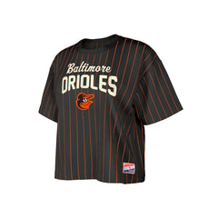 Baltimore Orioles Women's Cooperstown Collection Multiplier Pinstripe Cropped T-Shirt - Black | New Era