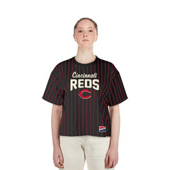 Cincinnati Reds Women's Cooperstown Collection Multiplier Pinstripe Cropped T-Shirt - Black | New Era