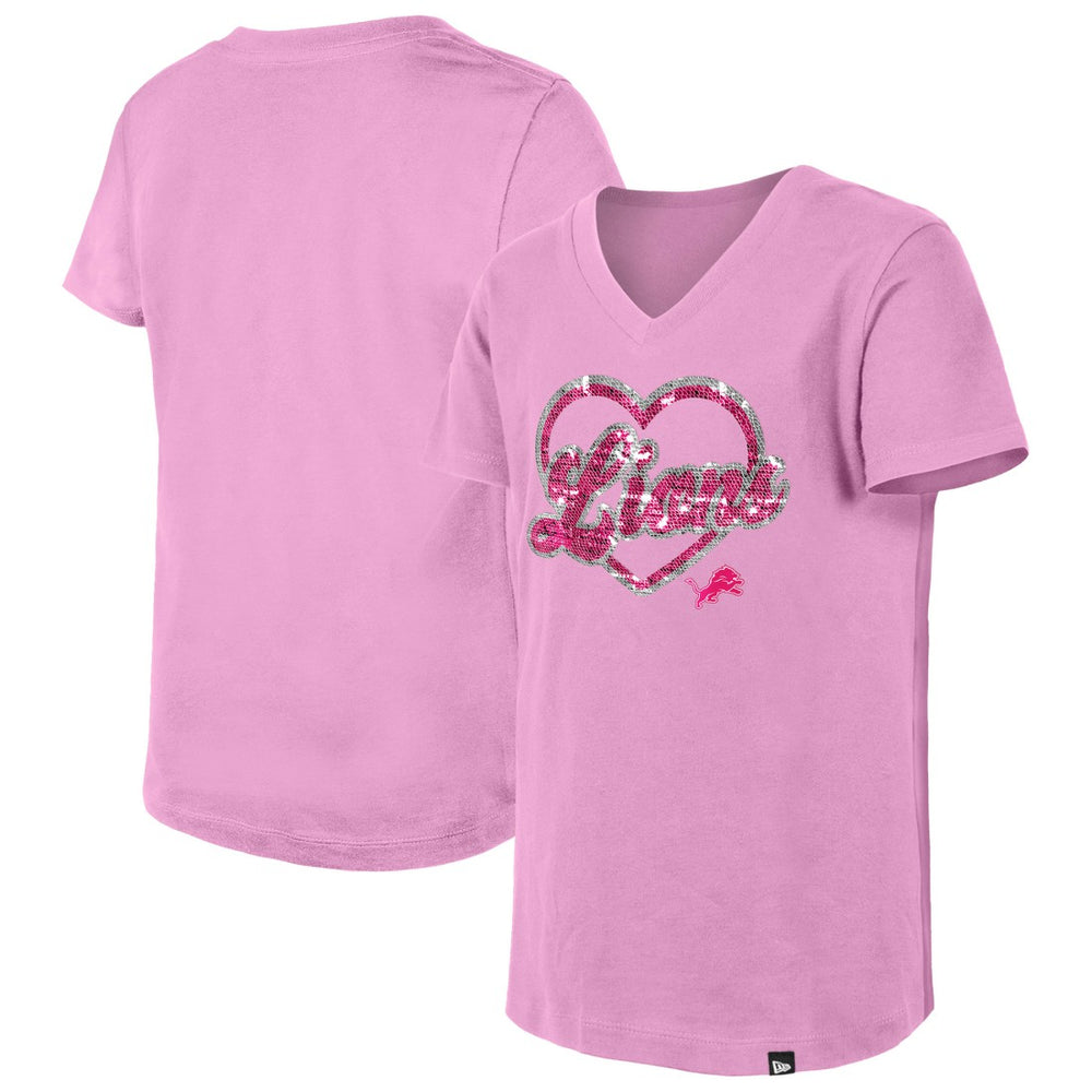 Detroit Lions New Era Girls Youth Flip Sequins V-Neck T-Shirt - Pink discount