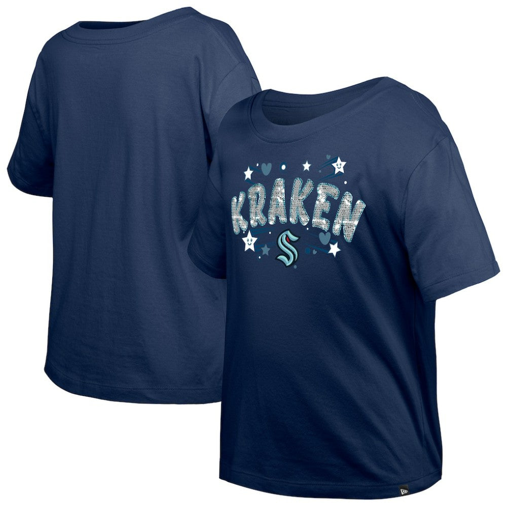 Seattle Kraken New Era Girl's Youth Flip Sequin T-Shirt Deep Sea Blue